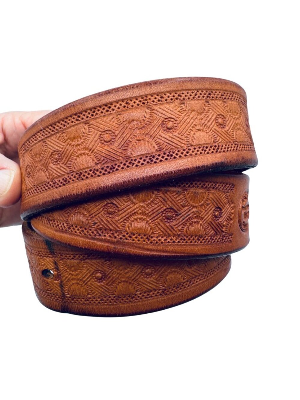 Hand Tooled Leather Belt Artisan R. Krumm Studio Size 32 Brass Buckle - Picture 3 of 6